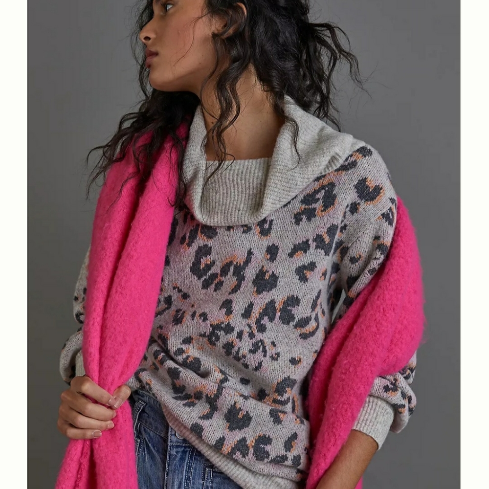 Anthropologie | Emmy Cowl Neck Leopard Print Tunic Sweater - Picture 2 of 16